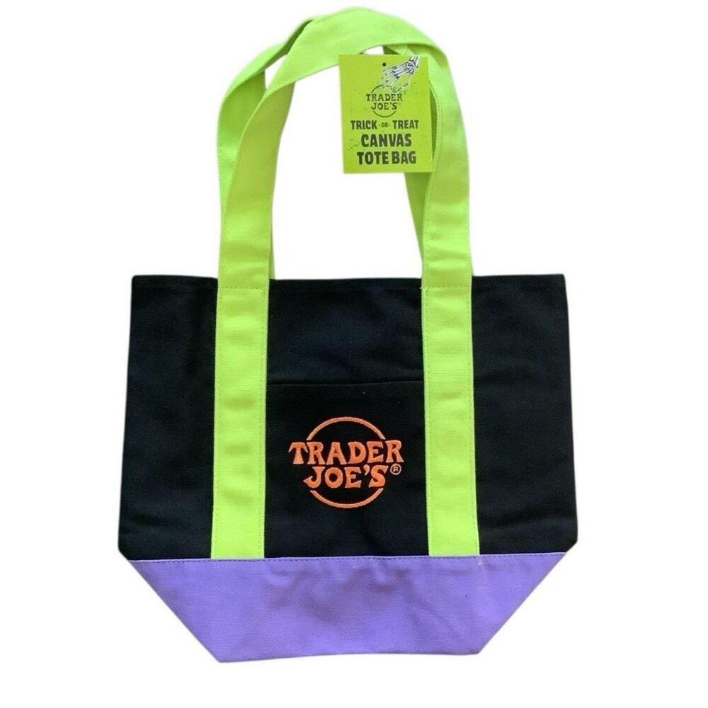 Trader Joe's Halloween Canvas Mini Tote Bag Multi-color BLACK PURPLE GREEN